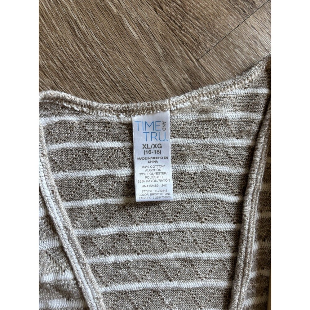 Time And Tru Open Front Sweater Cardigan Sz XL 16 - 18 Tan White Stripe Kimono - Picture 3 of 3